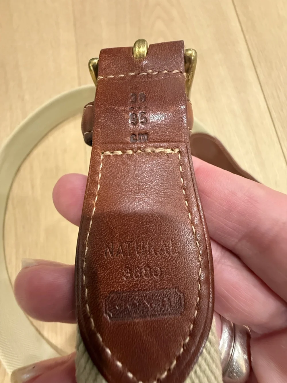 Vintage Coach Made in USA Belt Size 35 Cream Webbing Brown Leather Brass